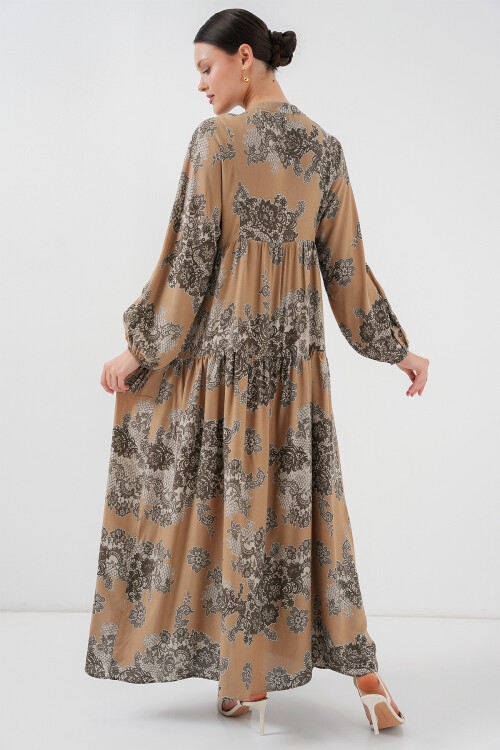 Merterium 2423 Otantik Desenli Tesettür Elbise - A. Vizon