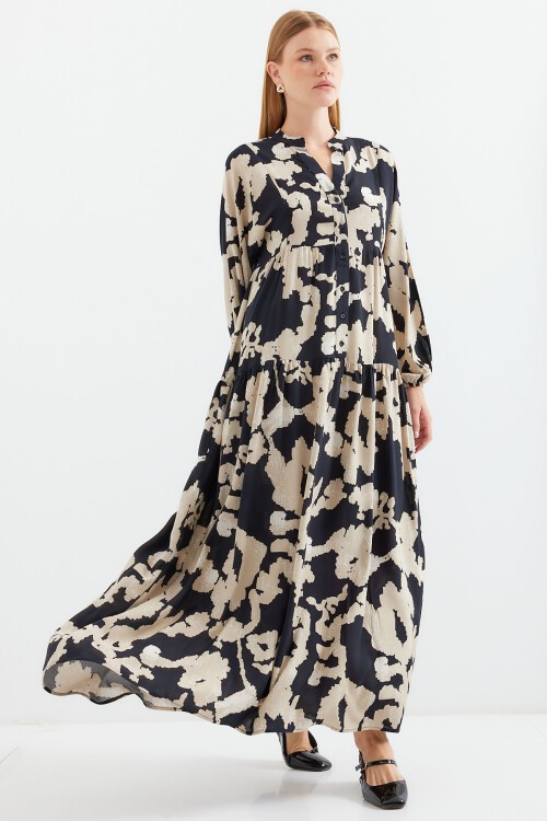 Merterium 2423 Otantik Desenli Tesettür Elbise - A.Bej