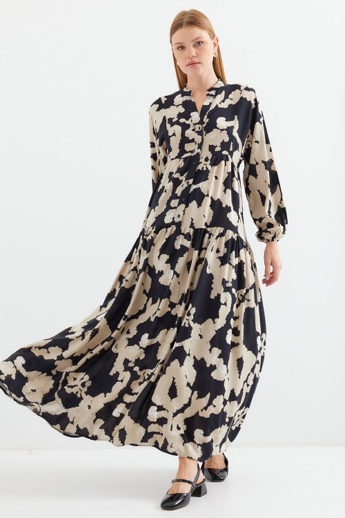 Merterium 2423 Otantik Desenli Tesettür Elbise - A.Bej