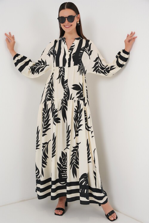 Merterium 2423 Otantik Desenli Tesettür Elbise - A.Beyaz