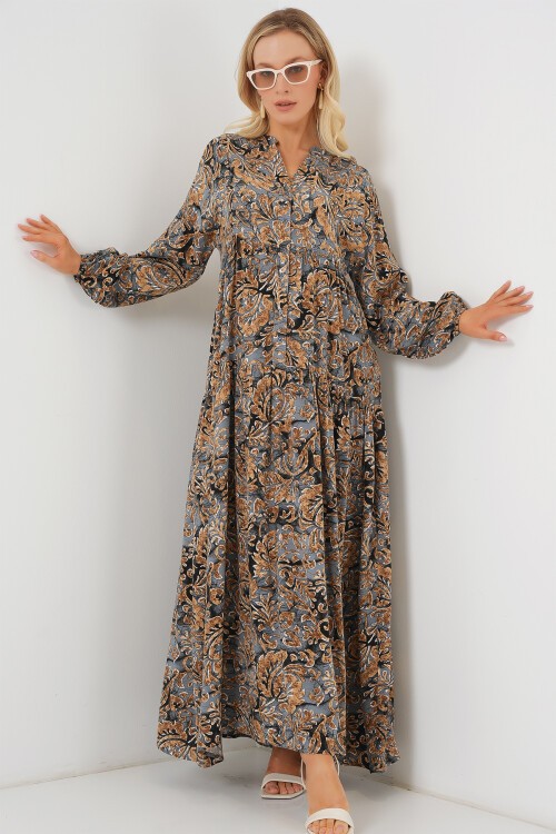 Merterium 2423 Otantik Desenli Tesettür Elbise - A.Gri