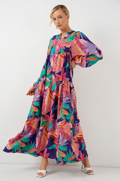 Merterium 2423 Otantik Desenli Tesettür Elbise - A.Pudra