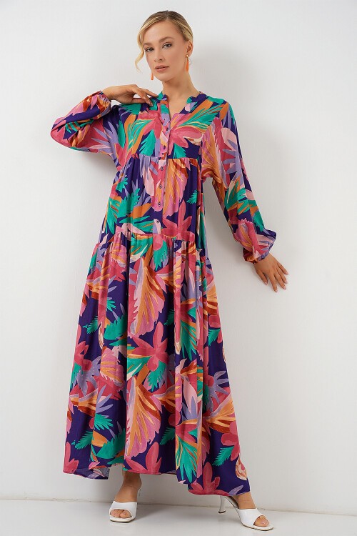 Merterium 2423 Otantik Desenli Tesettür Elbise - A.Pudra