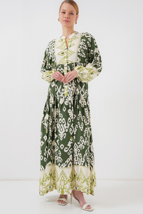 Merterium 2423 Otantik Desenli Tesettür Elbise - B. Haki