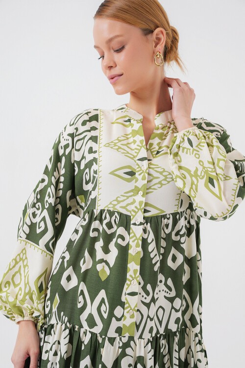 Merterium 2423 Otantik Desenli Tesettür Elbise - B. Haki