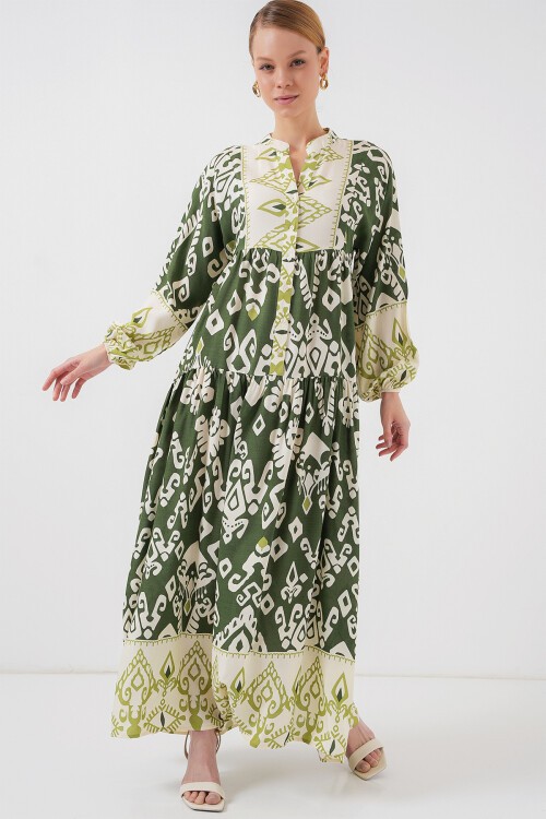 Merterium 2423 Otantik Desenli Tesettür Elbise - B. Haki