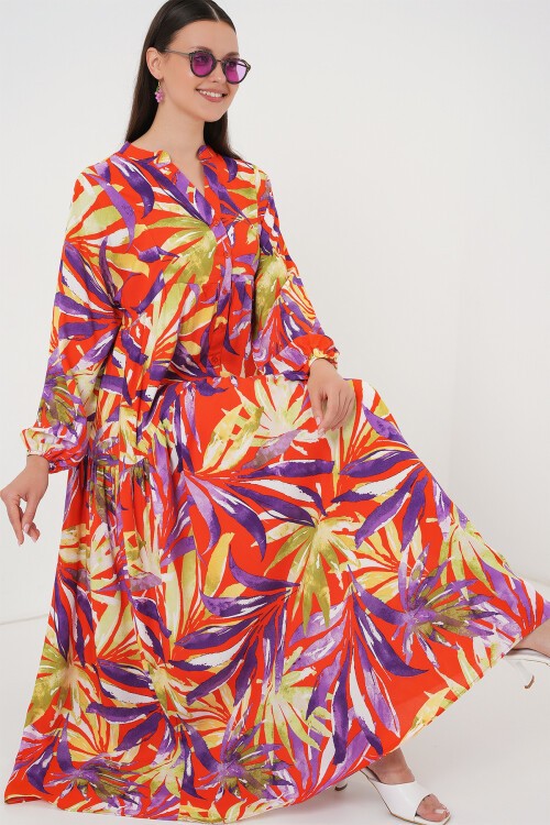 Merterium 2423 Otantik Desenli Tesettür Elbise - B.Lila