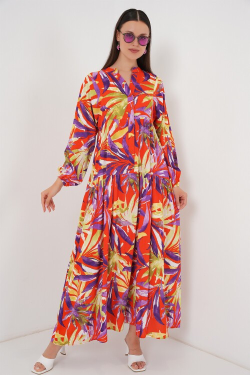 Merterium 2423 Otantik Desenli Tesettür Elbise - B.Lila