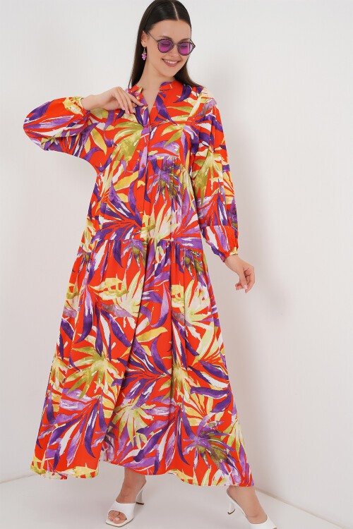 Merterium 2423 Otantik Desenli Tesettür Elbise - B.Lila