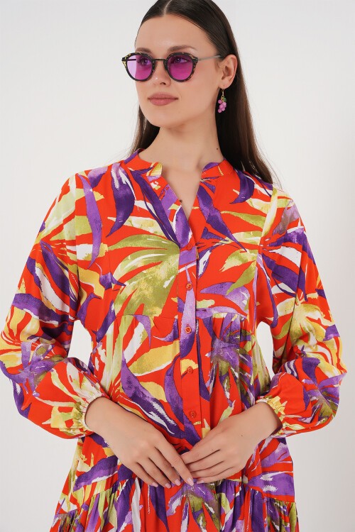 Merterium 2423 Otantik Desenli Tesettür Elbise - B.Lila