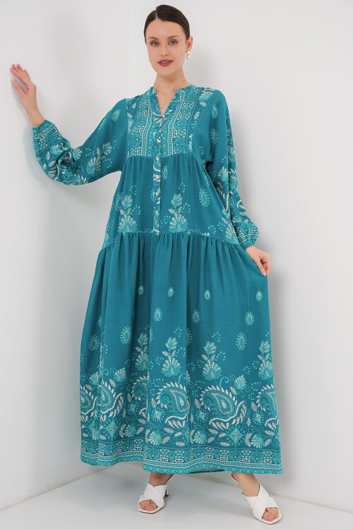 Merterium 2423 Otantik Desenli Tesettür Elbise - B.Turkuaz
