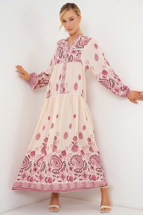 Merterium 2423 Otantik Desenli Tesettür Elbise - Bordo 1