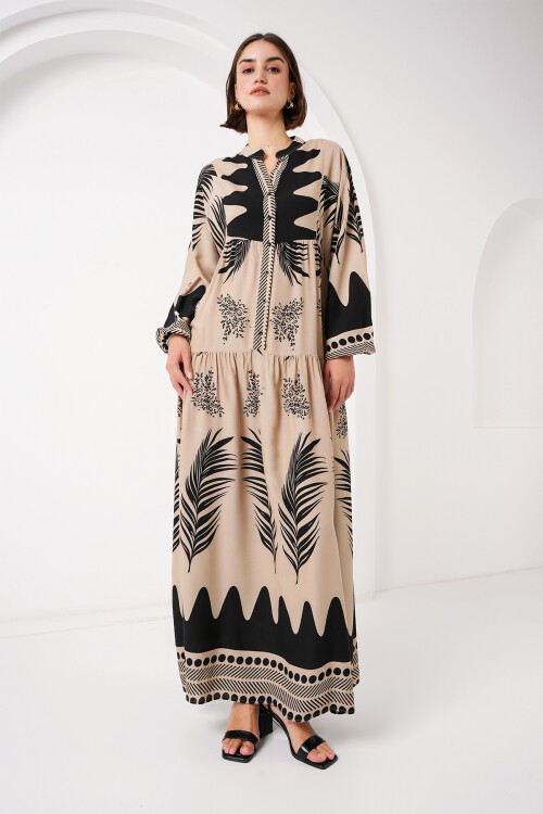 Merterium 2423 Otantik Desenli Tesettür Elbise - C. Vizon