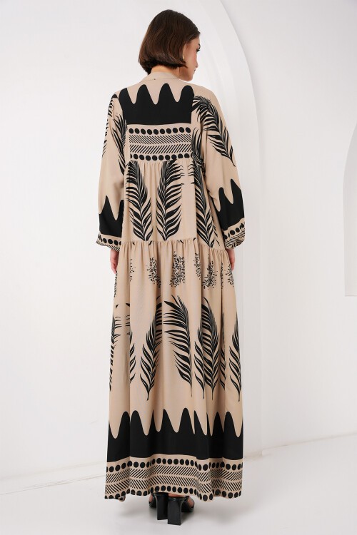 Merterium 2423 Otantik Desenli Tesettür Elbise - C. Vizon