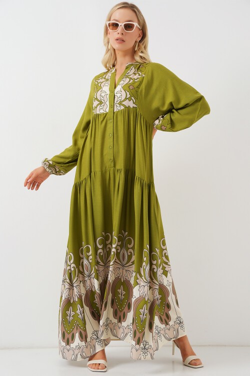 Merterium 2423 Otantik Desenli Tesettür Elbise - Çağla Yeşili