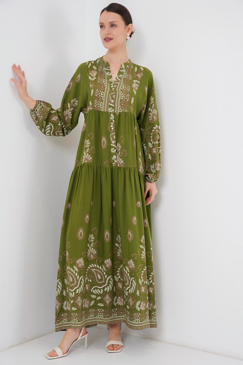 Merterium 2423 Otantik Desenli Tesettür Elbise - D.Haki