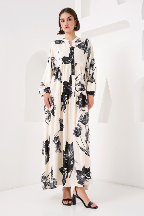 Merterium 2423 Otantik Desenli Tesettür Elbise - D.Krem