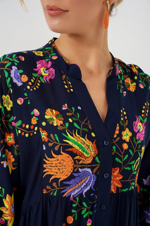 Merterium 2423 Otantik Desenli Tesettür Elbise - Düz Lacivert