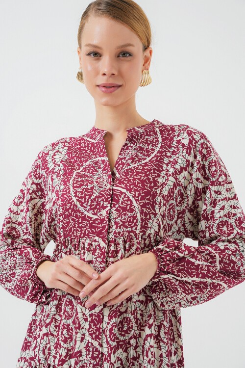 Merterium 2423 Otantik Desenli Tesettür Elbise - E. Fuşya