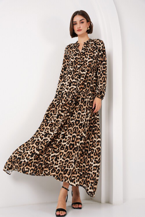 Merterium 2423 Otantik Desenli Tesettür Elbise - E. Kahve