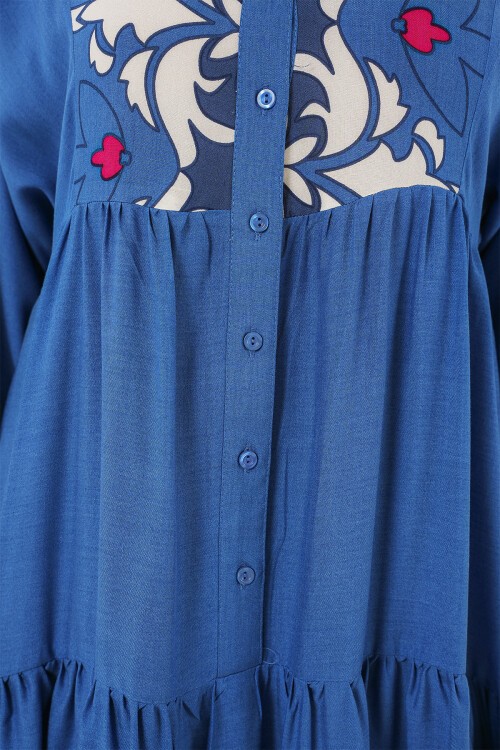 Merterium 2423 Otantik Desenli Tesettür Elbise - F. İndigo