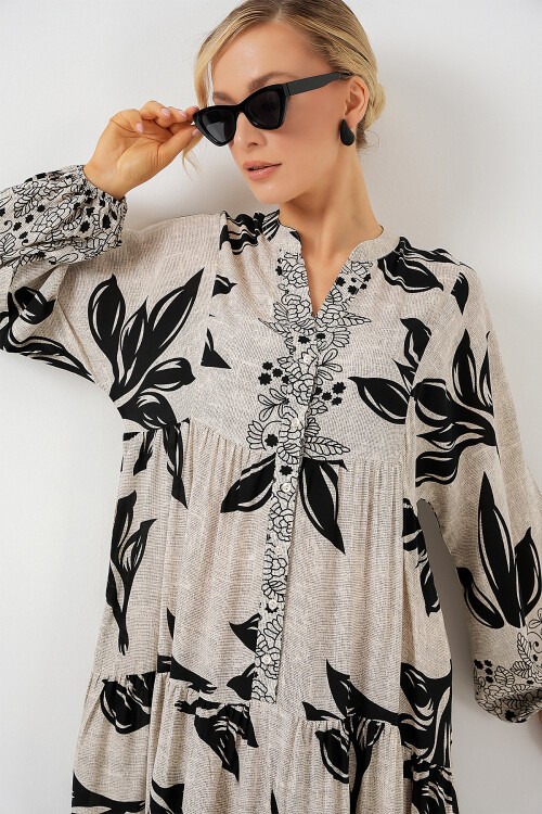 Merterium 2423 Otantik Desenli Tesettür Elbise - F.Gri