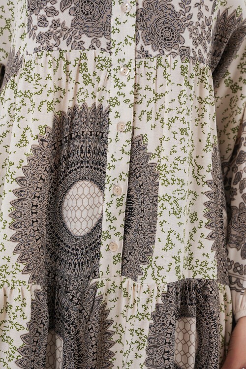 Merterium 2423 Otantik Desenli Tesettür Elbise - F.KAHVE