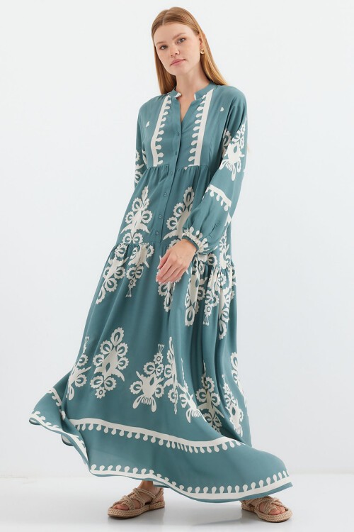 Merterium 2423 Otantik Desenli Tesettür Elbise - F.Mint
