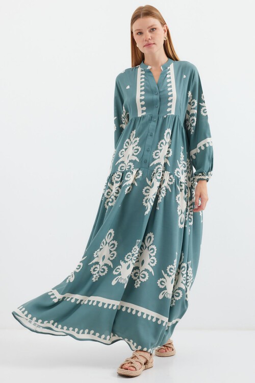 Merterium 2423 Otantik Desenli Tesettür Elbise - F.Mint