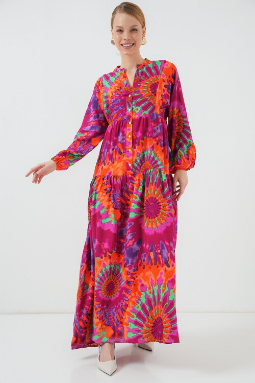 Merterium 2423 Otantik Desenli Tesettür Elbise - H. Fuşya