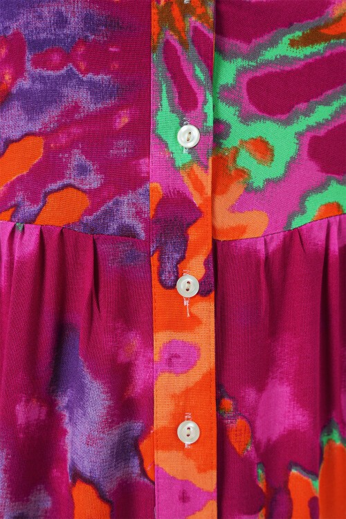 Merterium 2423 Otantik Desenli Tesettür Elbise - H. Fuşya