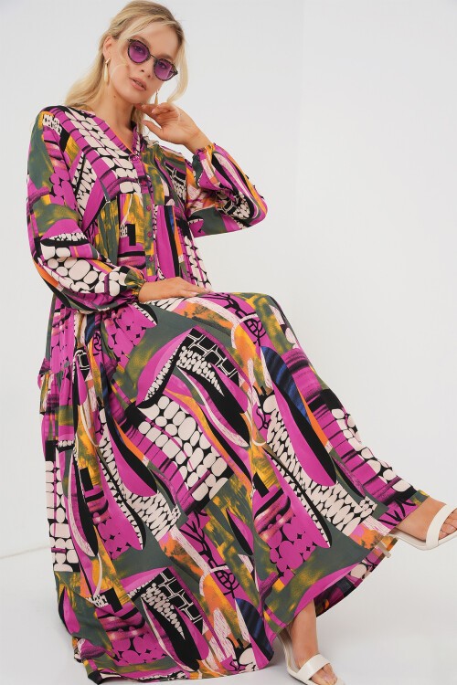 Merterium 2423 Otantik Desenli Tesettür Elbise - H. Haki