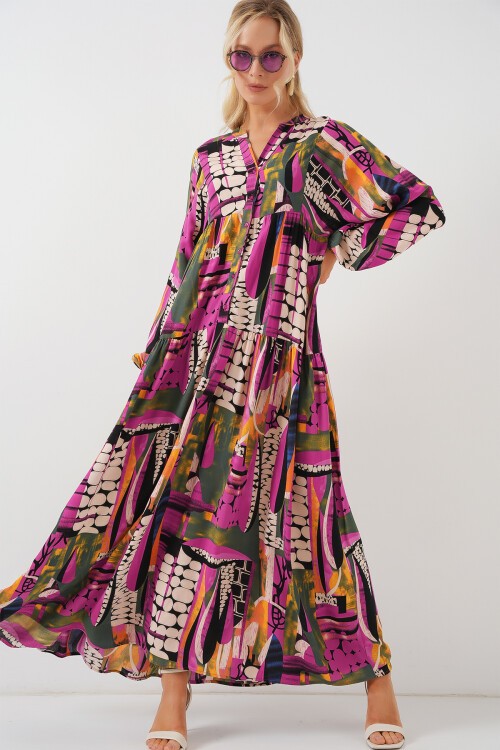 Merterium 2423 Otantik Desenli Tesettür Elbise - H. Haki