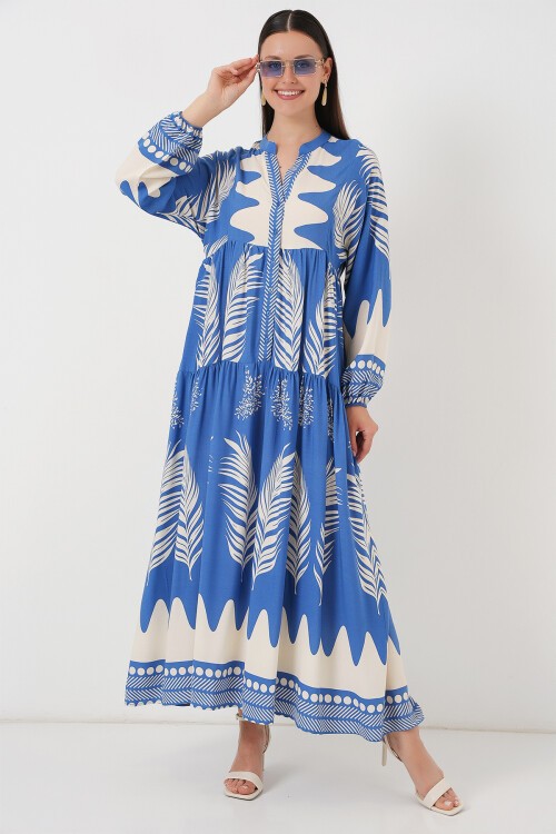 Merterium 2423 Otantik Desenli Tesettür Elbise - H. İndigo
