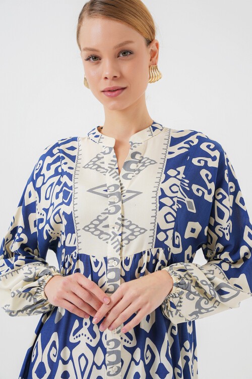 Merterium 2423 Otantik Desenli Tesettür Elbise - İndigo 1