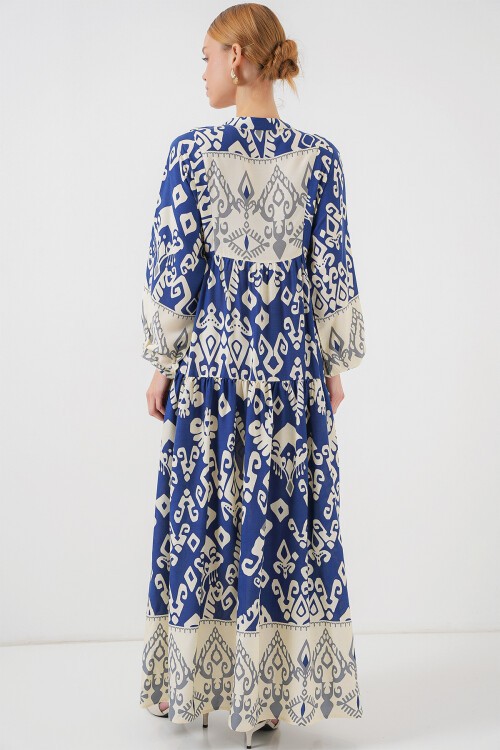 Merterium 2423 Otantik Desenli Tesettür Elbise - İndigo 1