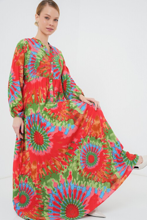 Merterium 2423 Otantik Desenli Tesettür Elbise - L. Kırmızı