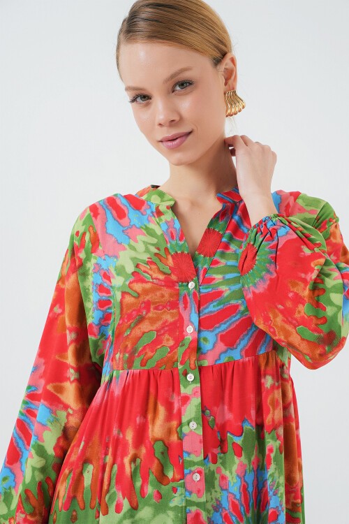 Merterium 2423 Otantik Desenli Tesettür Elbise - L. Kırmızı