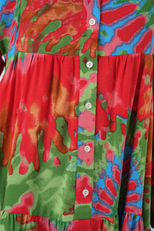 Merterium 2423 Otantik Desenli Tesettür Elbise - L. Kırmızı