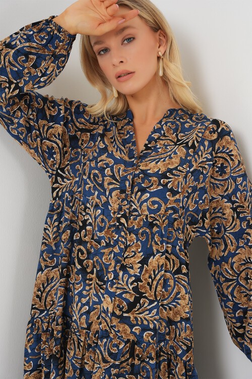 Merterium 2423 Otantik Desenli Tesettür Elbise - Lacivert 11