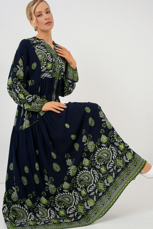 Merterium 2423 Otantik Desenli Tesettür Elbise - Lacivert 13