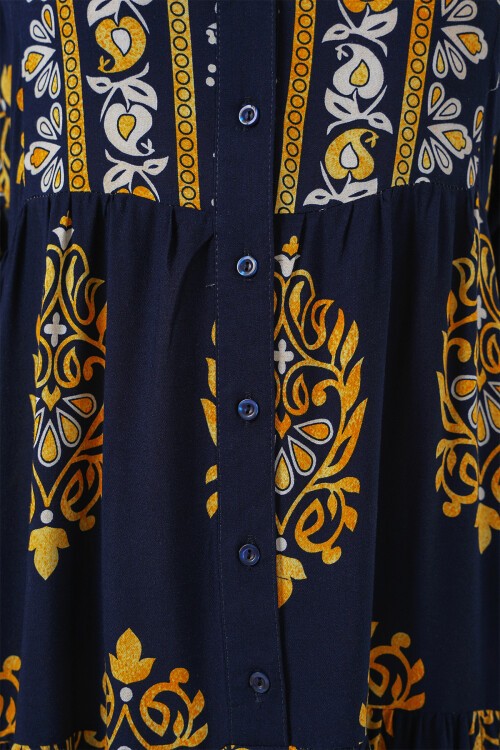 Merterium 2423 Otantik Desenli Tesettür Elbise - Lacivert 2