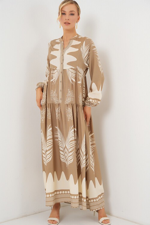 Merterium 2423 Otantik Desenli Tesettür Elbise - M. Camel