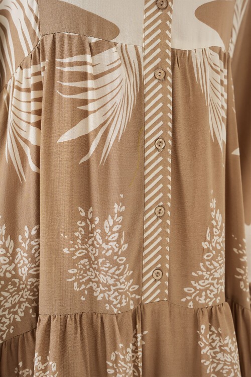 Merterium 2423 Otantik Desenli Tesettür Elbise - M. Camel