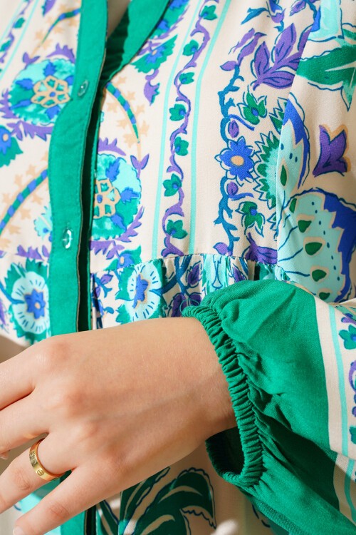 Merterium 2423 Otantik Desenli Tesettür Elbise - M. Yeşil