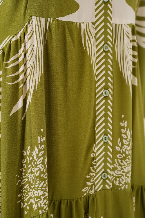 Merterium 2423 Otantik Desenli Tesettür Elbise - Mint Yeşili