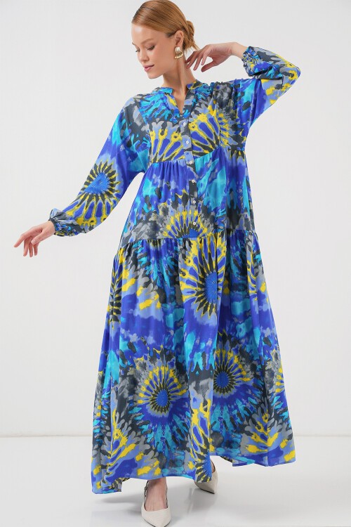 Merterium 2423 Otantik Desenli Tesettür Elbise - N. Saks