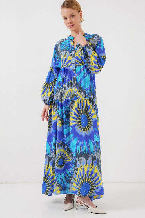 Merterium 2423 Otantik Desenli Tesettür Elbise - N. Saks