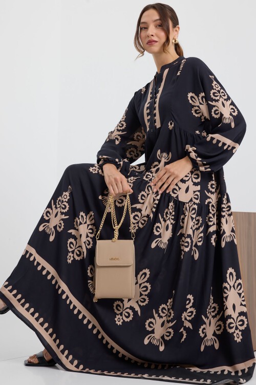 Merterium 2423 Otantik Desenli Tesettür Elbise - N. Siyah