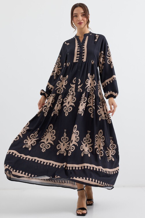 Merterium 2423 Otantik Desenli Tesettür Elbise - N. Siyah